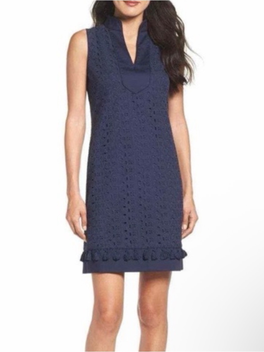 Eliza J Navy Eyelet Shift Dress with Ruffle Hem